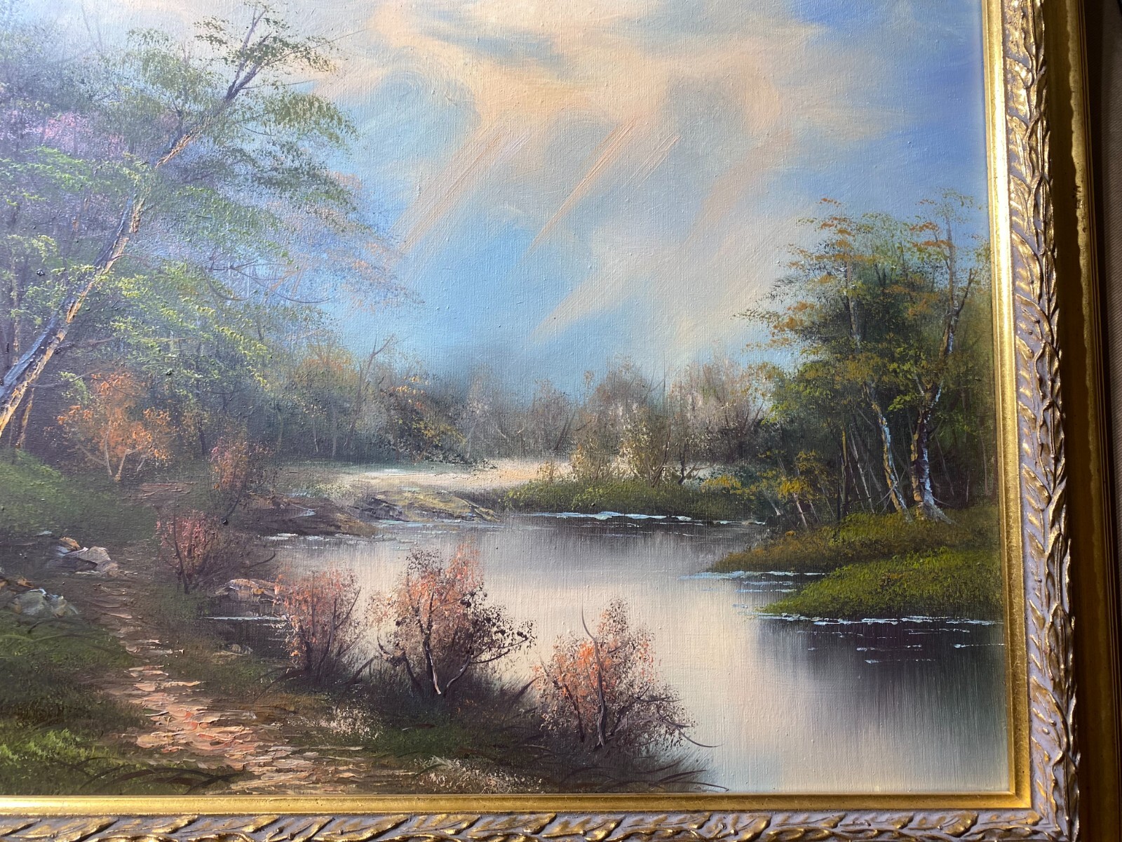 «River And Forest Landscape Scene» Oil On Canvas Painting – Framed