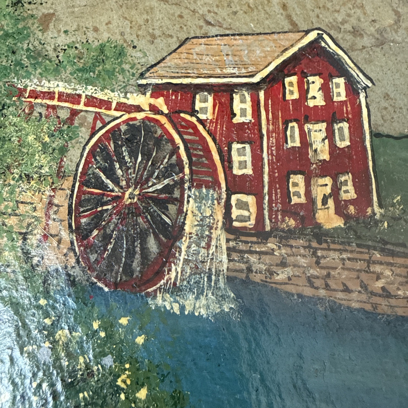 Signed Folk Art Painting, Water Mill On Stone, Mounted on Wood Plaque Vintage