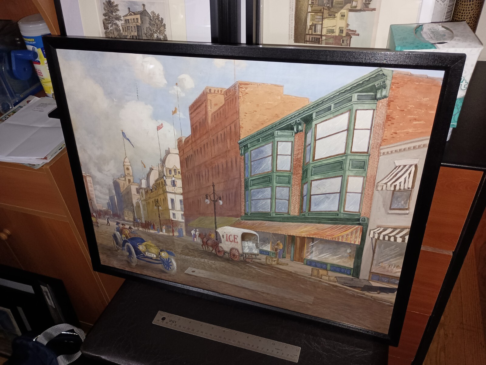 SETH JONES Original Framed Cityscape Signed 1910 New York Horse & Auto Painting