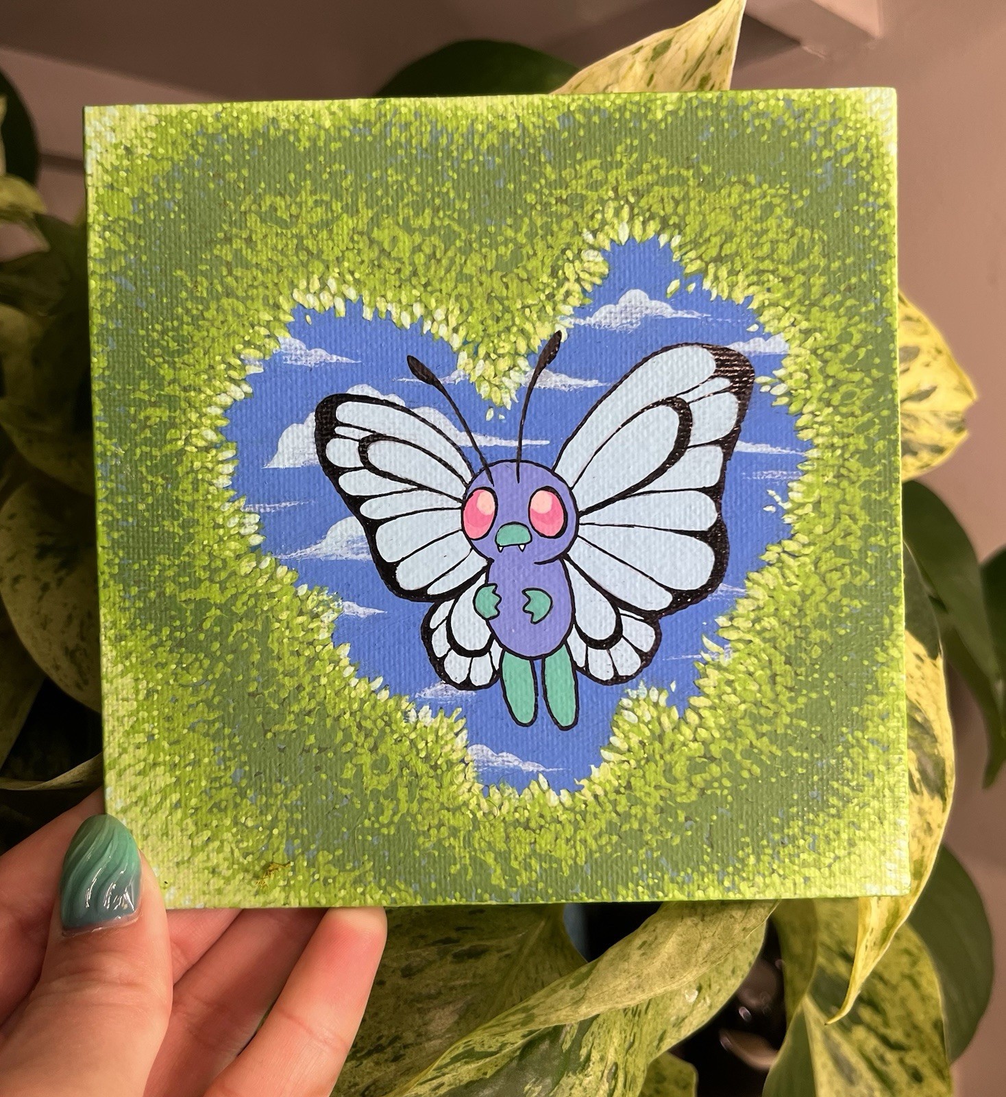 Butterfree Pokemon Acrylic Painting On A 5×5 Flat Canvas Panel Original Art