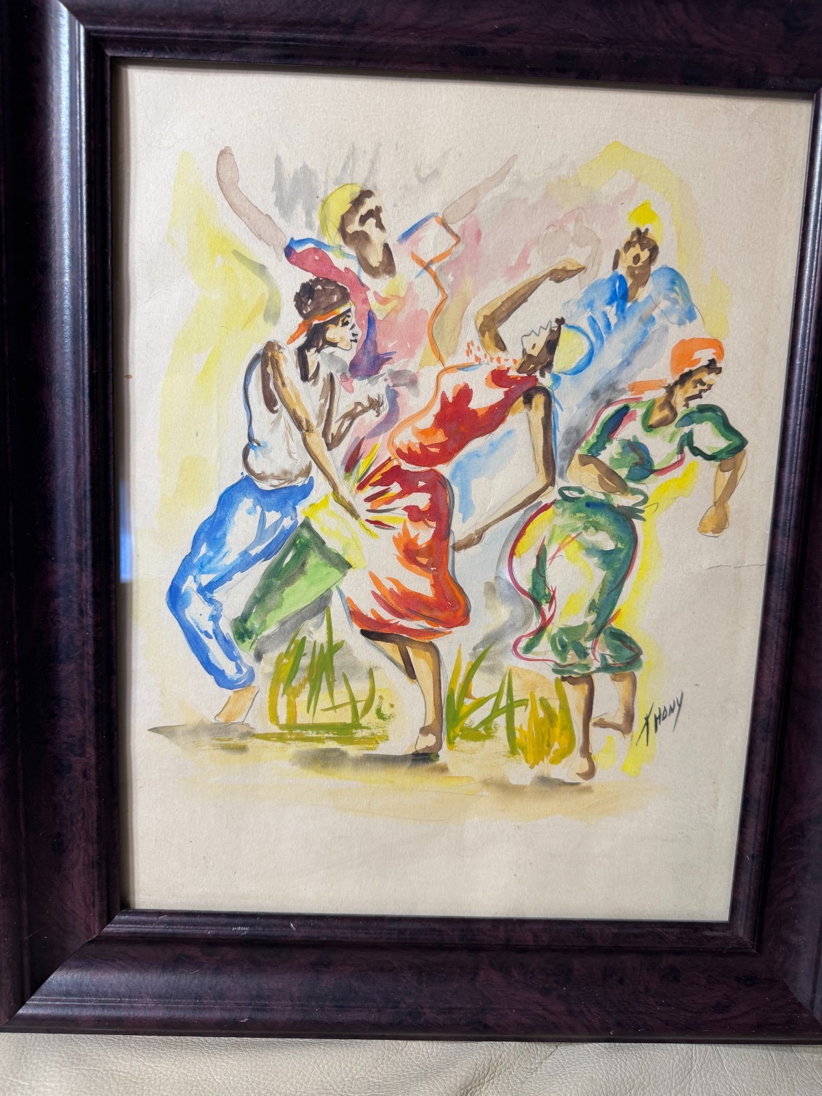 Vintage T Hony «Figures Dancing Scene» Watercolor Painting – Signed And Framed