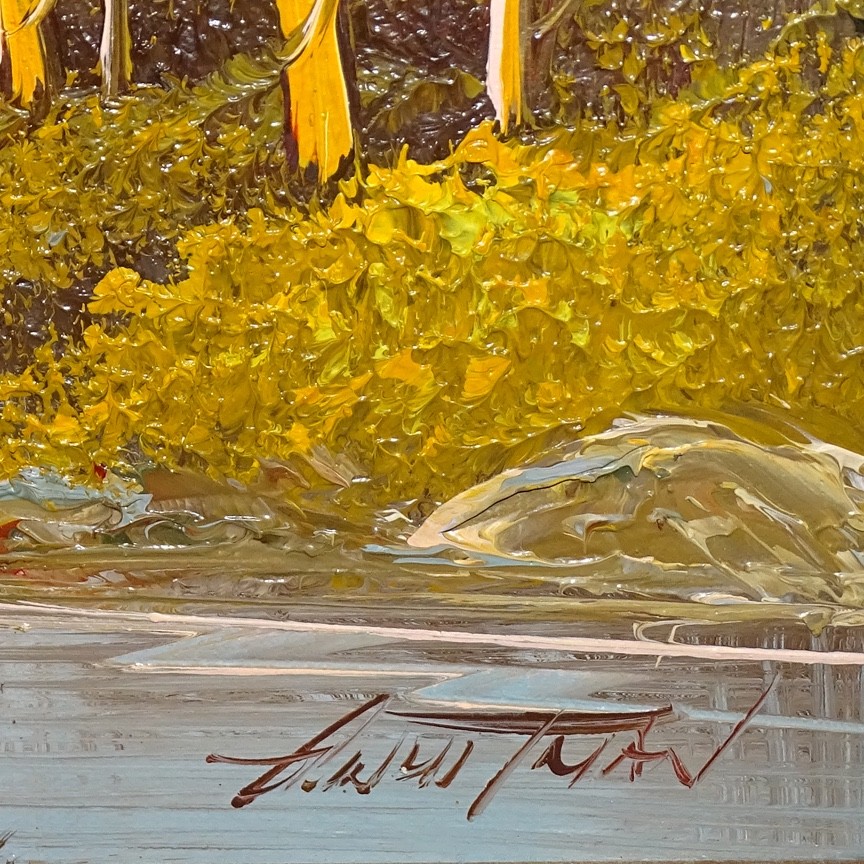 1980s Autumn Landscape Oil Painting Fall Foliage Trees Stream Sunset 22×17.75