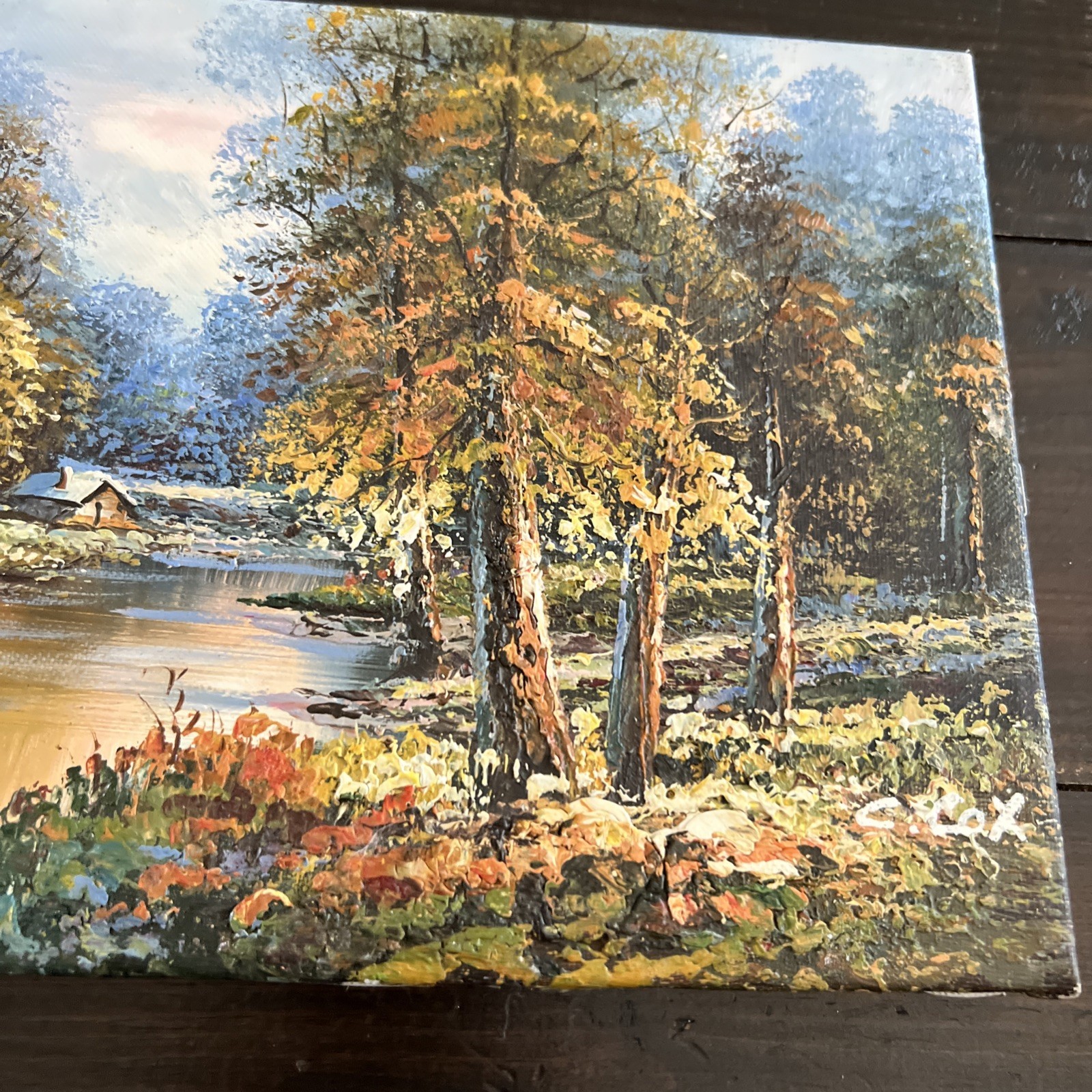 Vintage “Summer Stream” River Trees Mountain Sky Original Oil Painting By C Cox