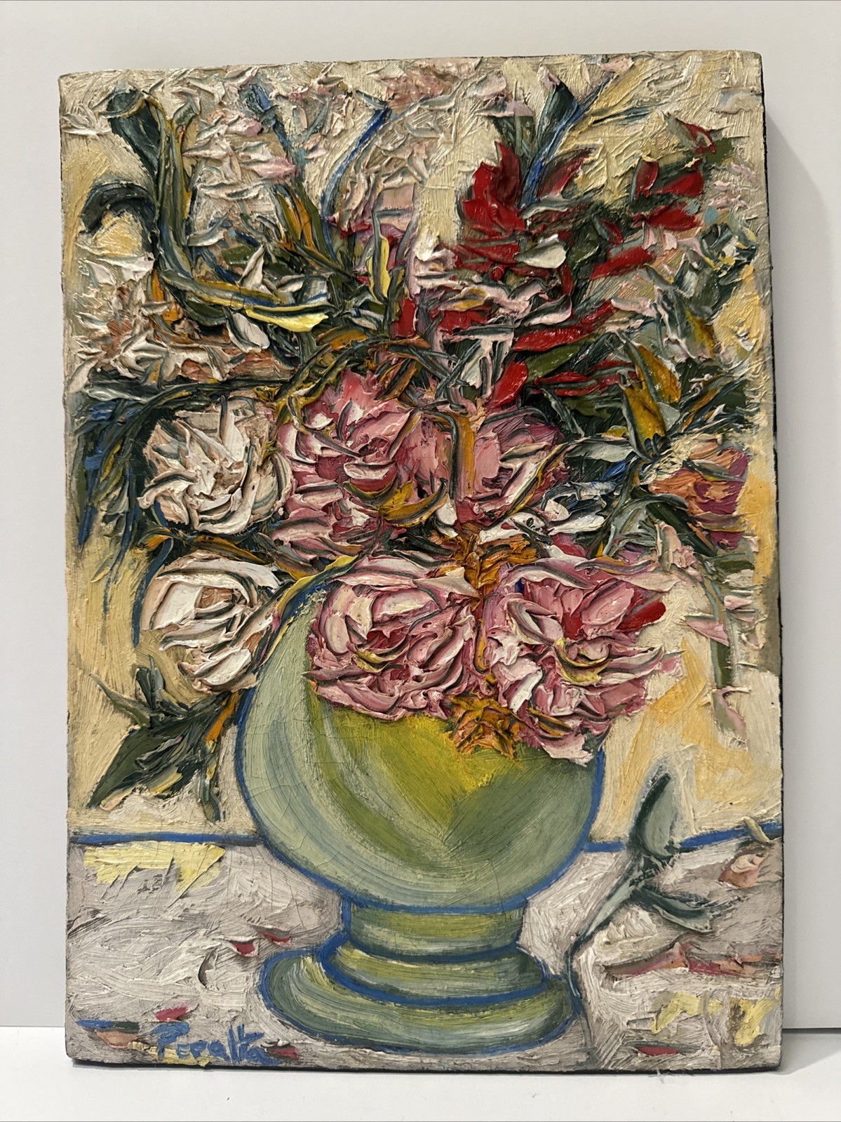 SMALL IMPRESSIONIST FLORAL PAINTING SIGNED PERALTA STILL LIFE FLOWERS CHUNKY OIL