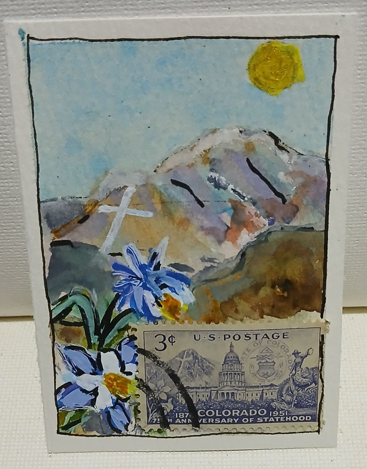 OOAK Watercolor ACEO Postal Whimsy 1951 3¢ Colorado Statehood Stamp Columbine