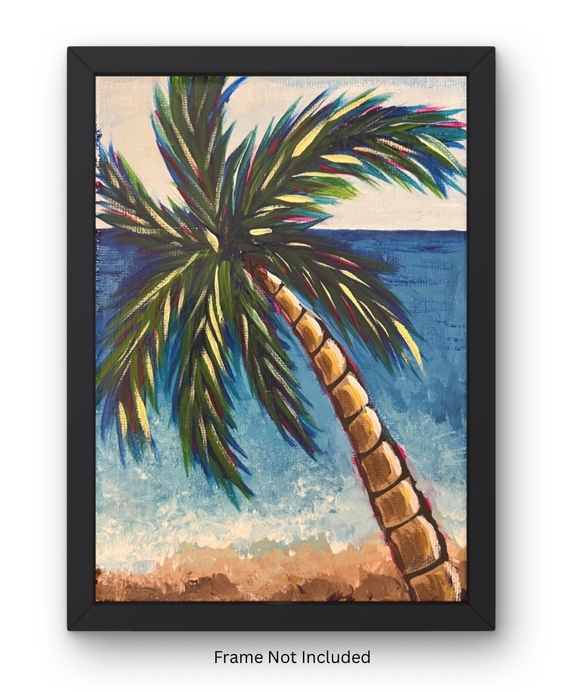 5×7” Abstract Tropical Art Palm Tree By Ocean Acrylic Canvas Signed Original