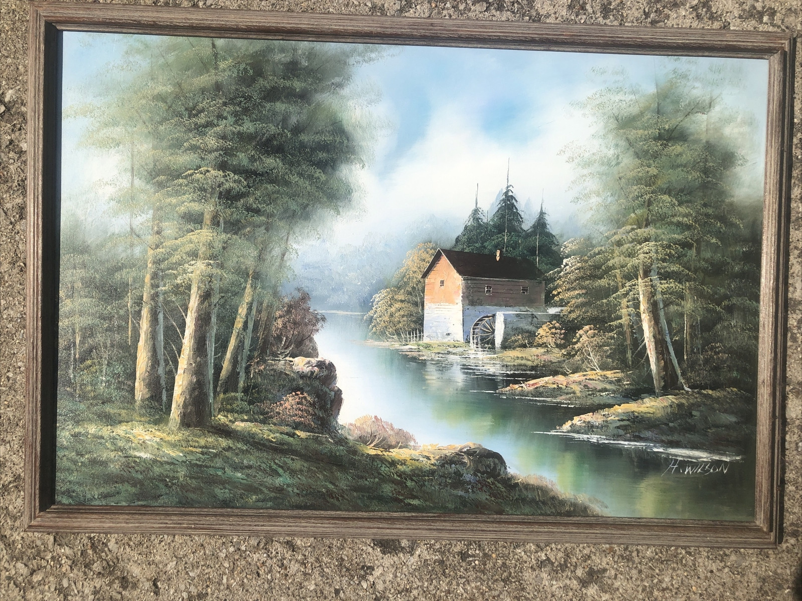 H. Wilson Oil Painting Water Mill Forest 24×36 Watermill on River