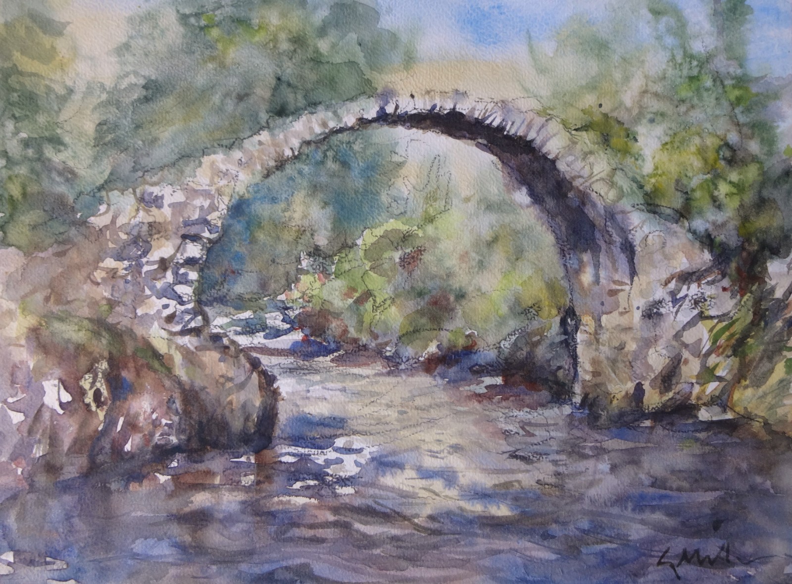 GERRY MILLER – «Carrbridge Packhorse Bridge». Watercolour.34x32cm. Unframed.
