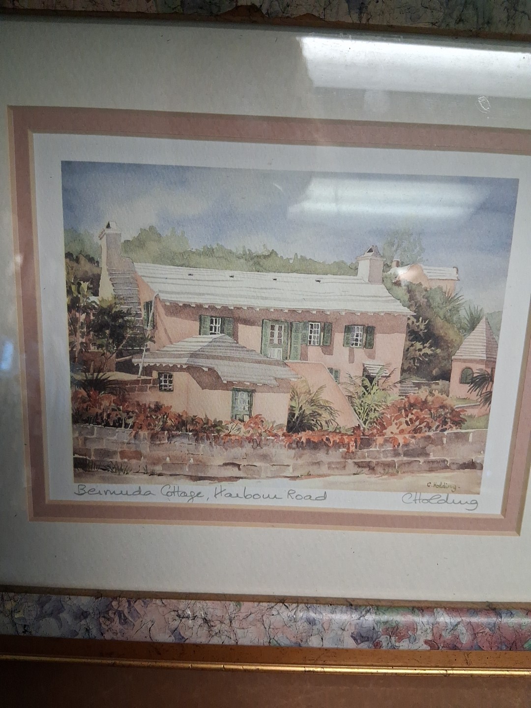 Framed C. Holding Signed BERMUDA COTTAGE HARBOUR ROAD Watercolor Print Art
