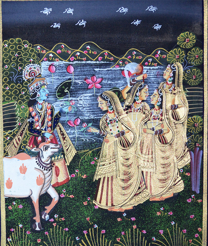 Radha Krishna Miniature Original Painting on Silk Cloth India Natural Colors!
