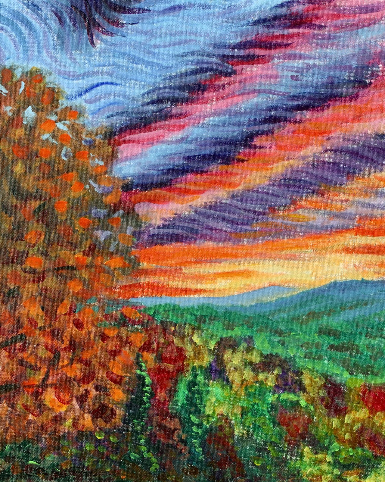 ShawNshawN Original painting 16×20 pond autumn sunset contemporary fall art