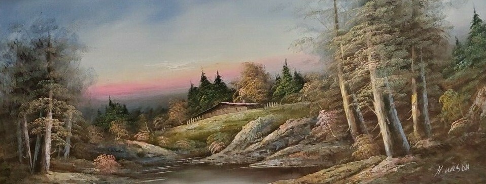 River stream hills Hand Painted Original Oil Painting by H. Wilson Nature Forest