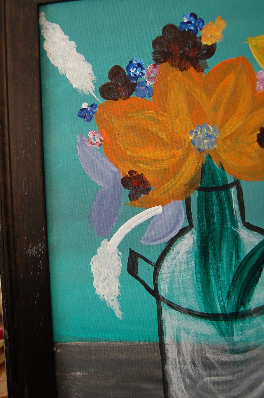 ORIGINAL FRAMED ACRYLIC MODERN ABSTRACT PAINTING OF FLOWERS ON VASE A STILL LIFE