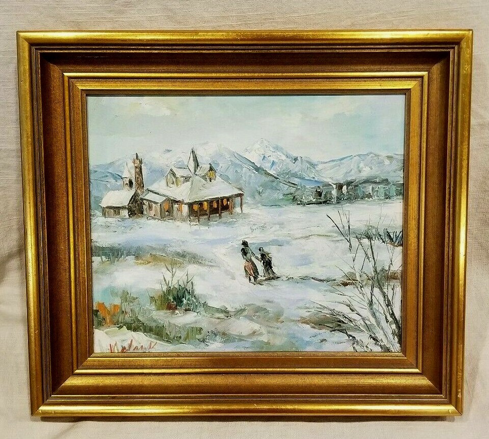 Winter In The Mountains Canvas Oil Painting SIGNED V. Clark Framed 15.5″x13.5″