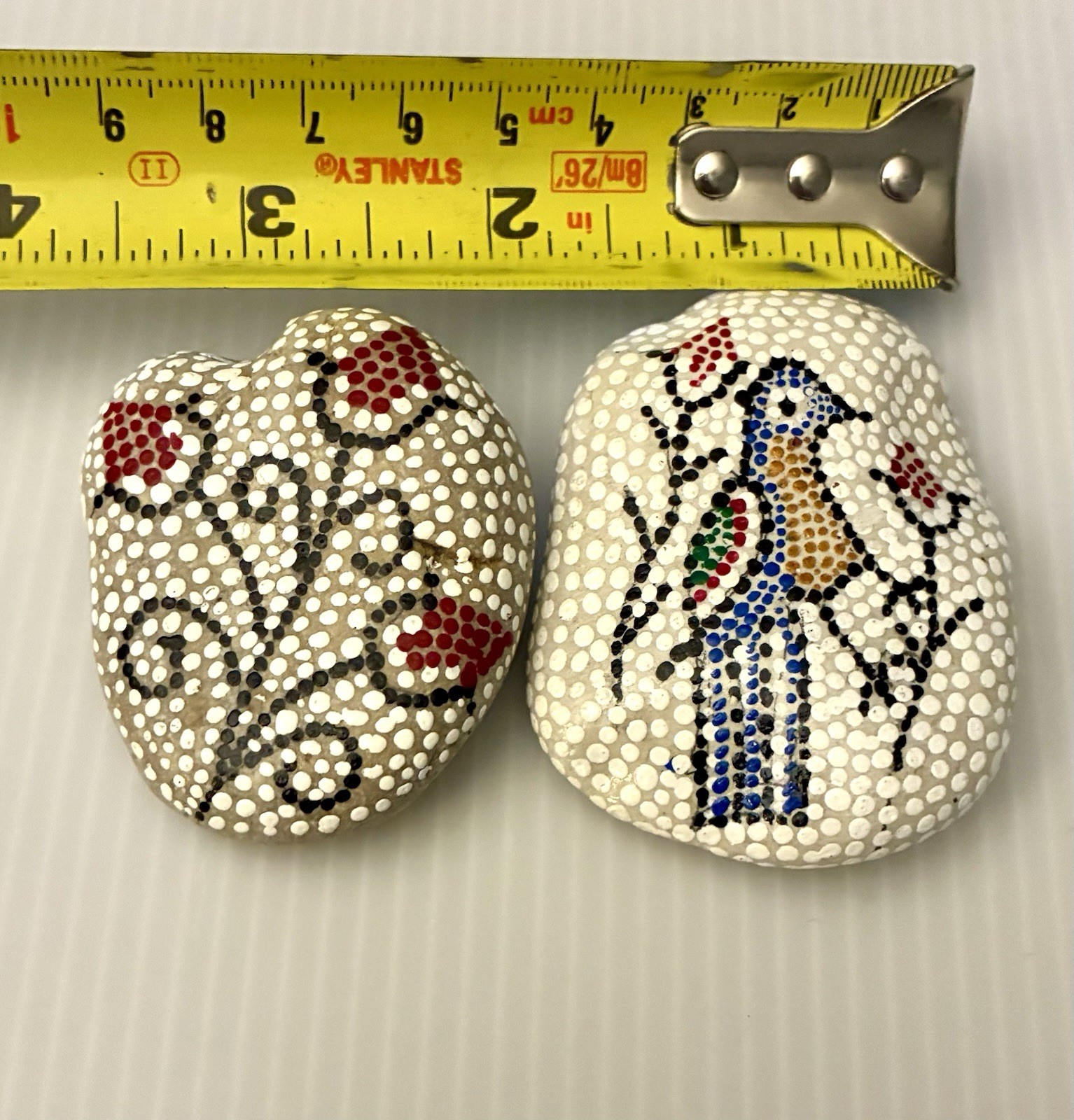 Vtg Artisan Painted Rock | Dot Art 2 Rocks Bird And Flowers Kenya 2000