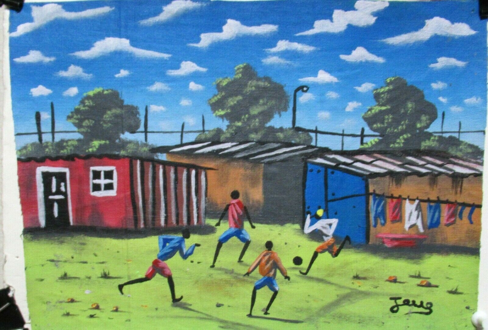 JERRY HAITIAN PEOPLE PLAYING FOOTBALL SMALL ORIGINAL OIL ON CANVAS PAINTING