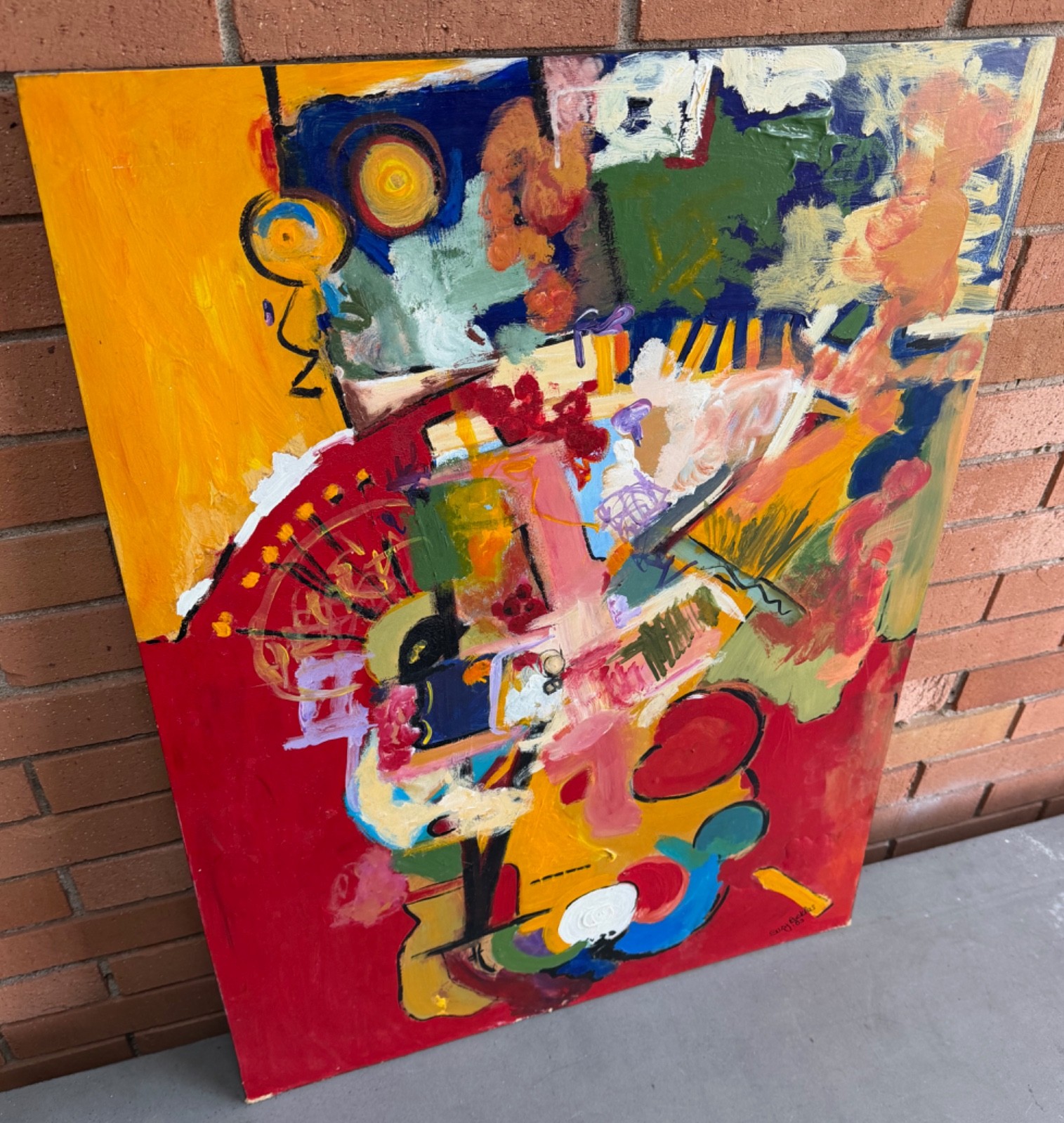 Vintage 80s Abstract Multi-Color Painting Modern Art Wall Hanging Signed Buckles
