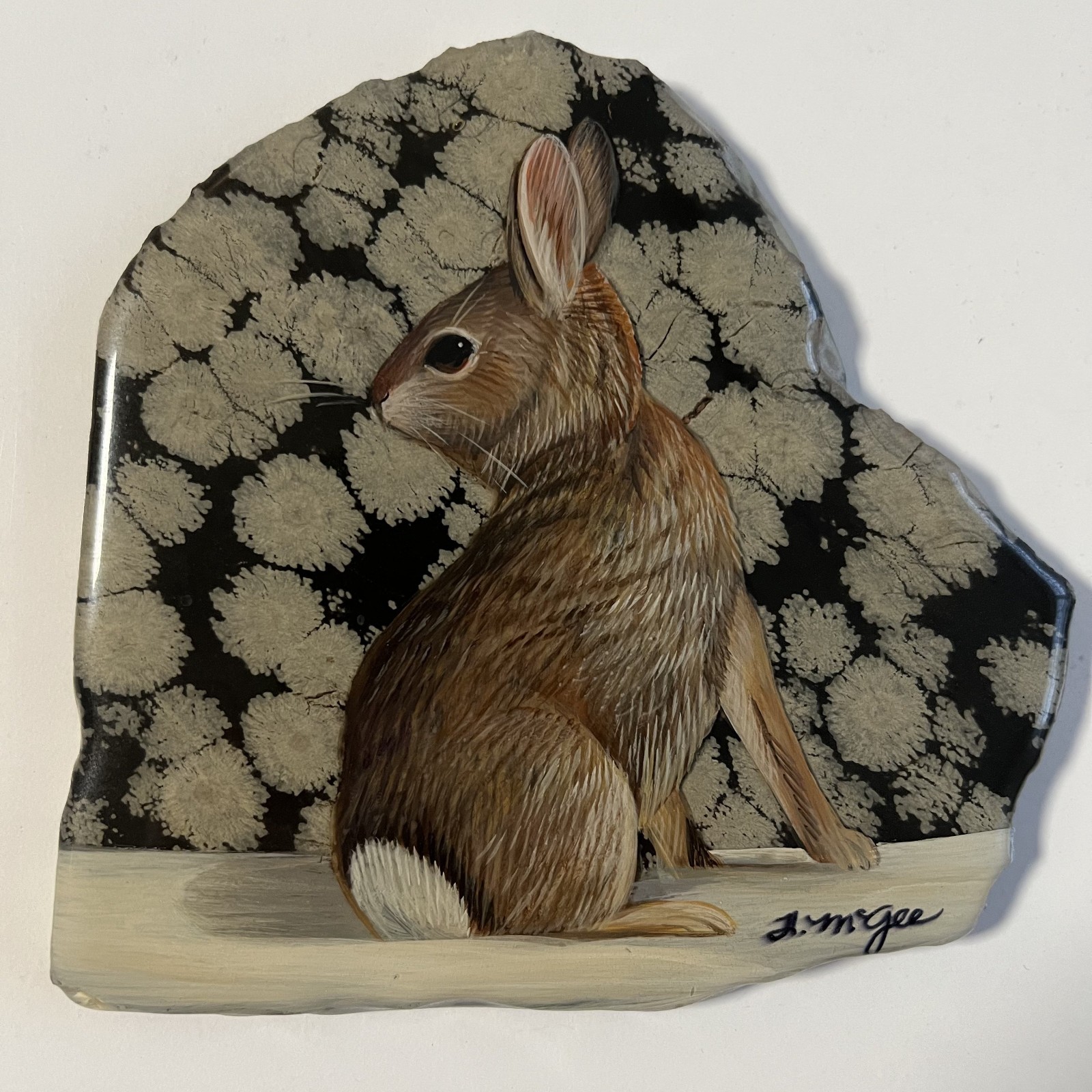 Heather Haynes McGee Painting Rabbit on Snowflake Obsidian