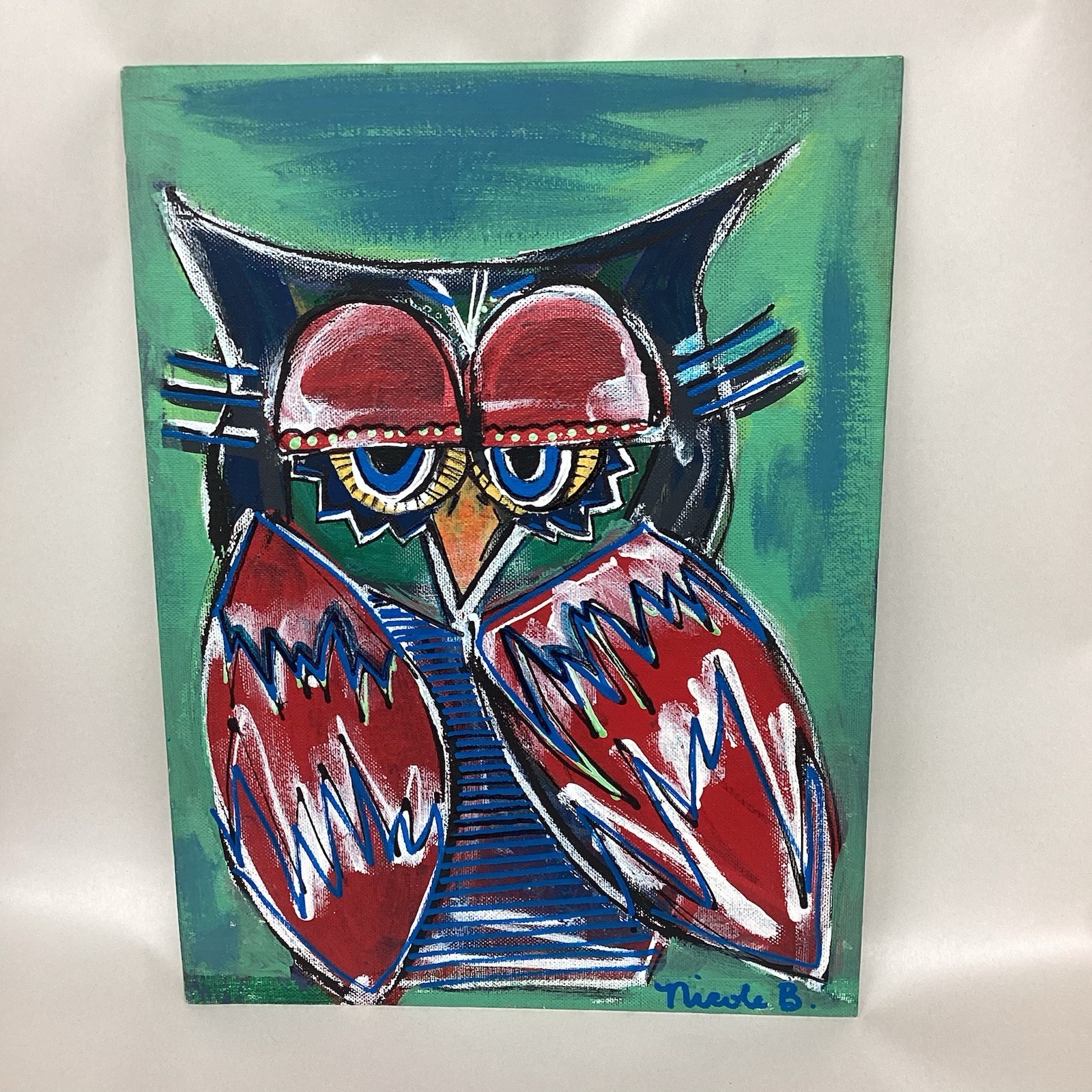 Original Hard Canvas Artist Painting Groovy Mid Century Eclectic OWL Nicole Babb