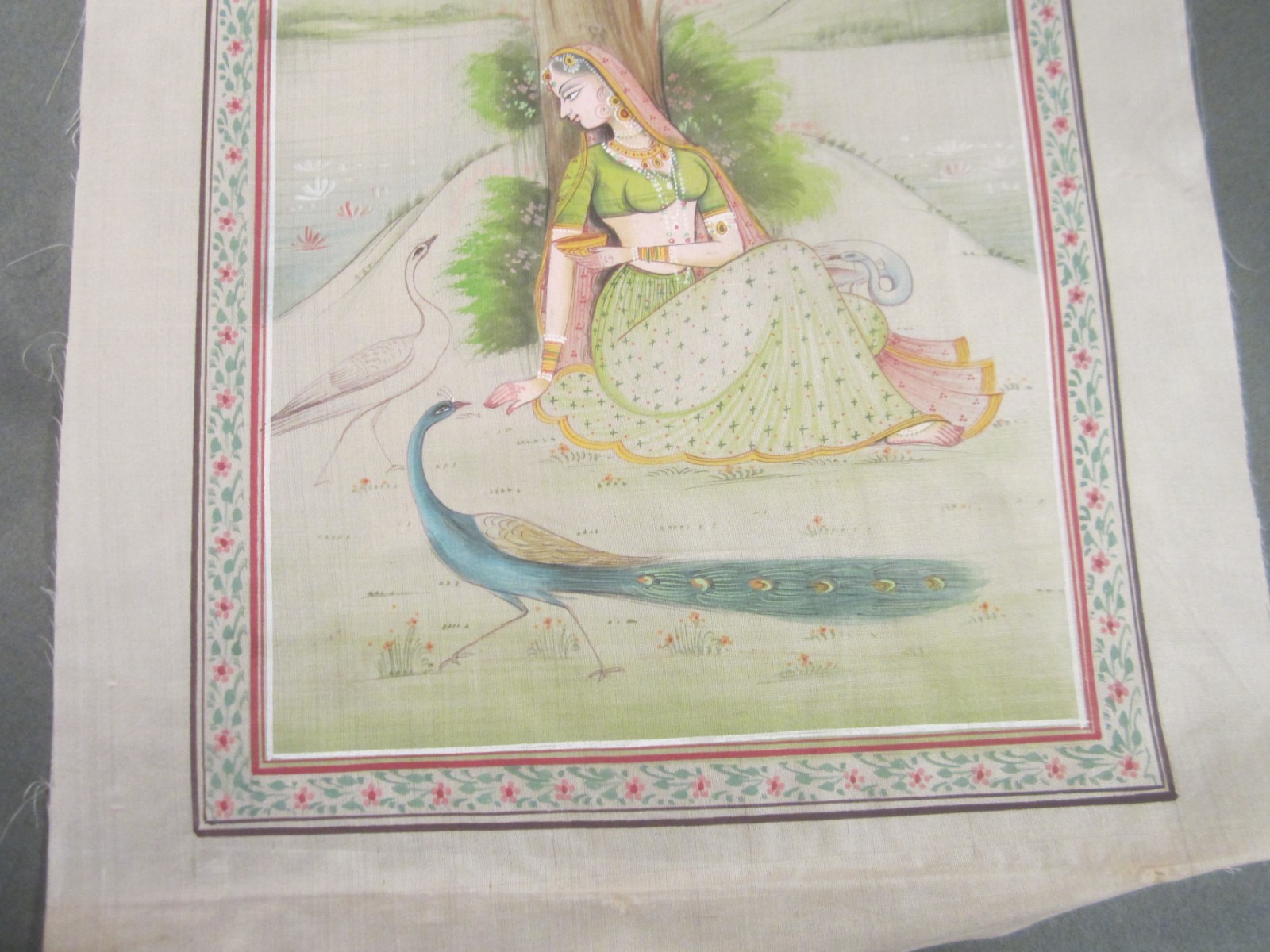 ORIGINAL RAGINI ART — Hand Painted Lady & Peacocks on Silk — 8-1/2″ x 11-1/2″