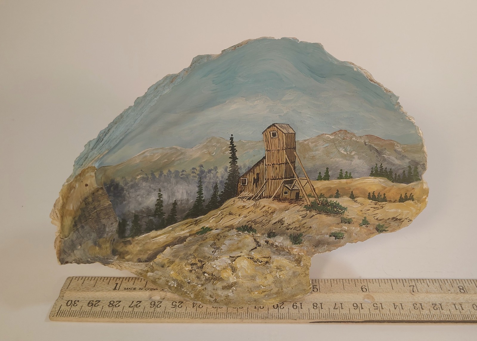 Vtg Miniature Painting of a Mill Mountains inside Fossilized Oyster Shell Signed