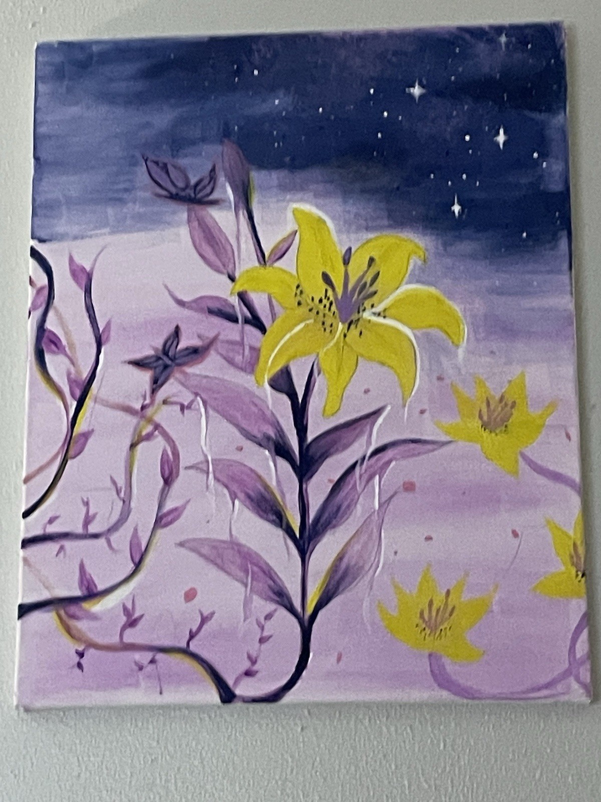Small Fantasy Yellow Lily Floral Painting Unframed Nature Art Single Piece