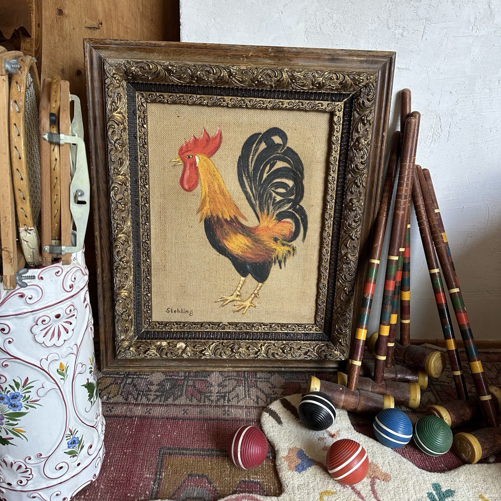 Vintage Large Painting Rooster Original Signed W Ornate Frame