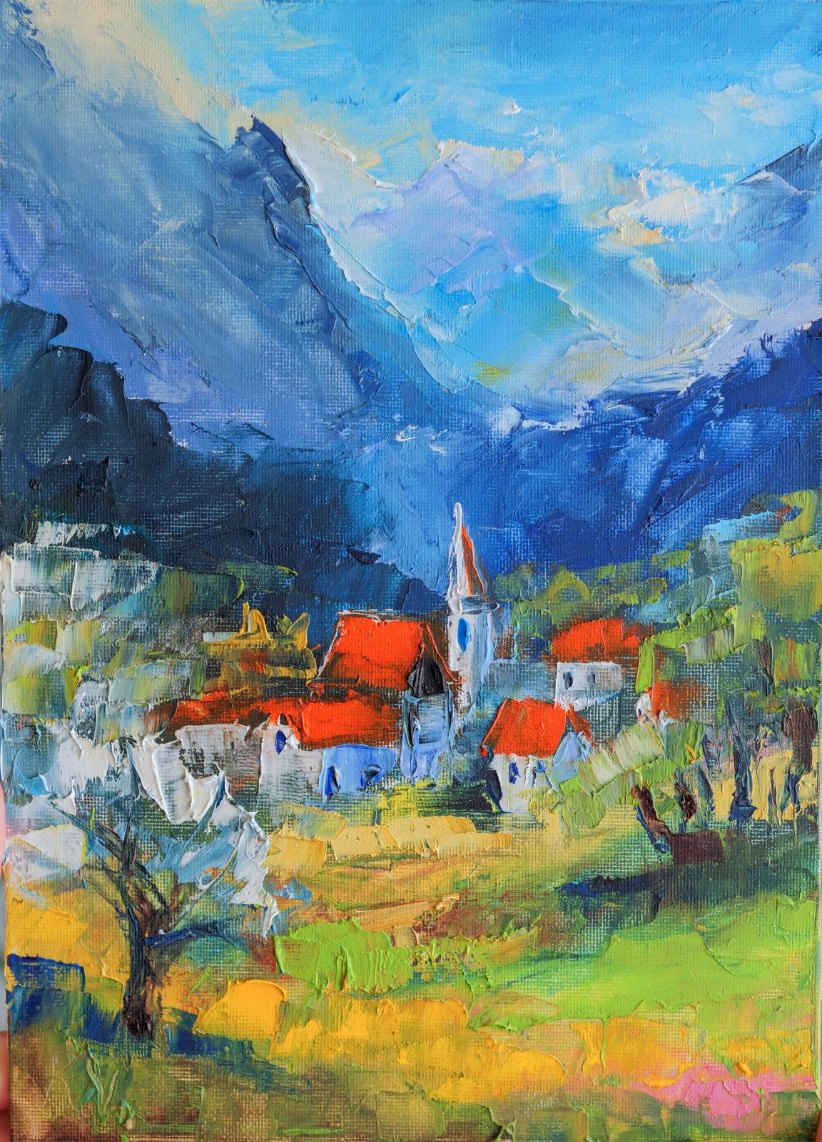 Swiss Alpine Village Oil Painting 8×12″ Switzerland Red Roofs Original Handmade