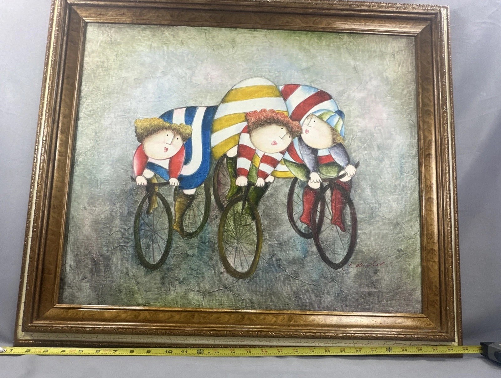 Joyce Roybal Signed Original Painting: Kids on Bicycle (Framed) 29 X 25