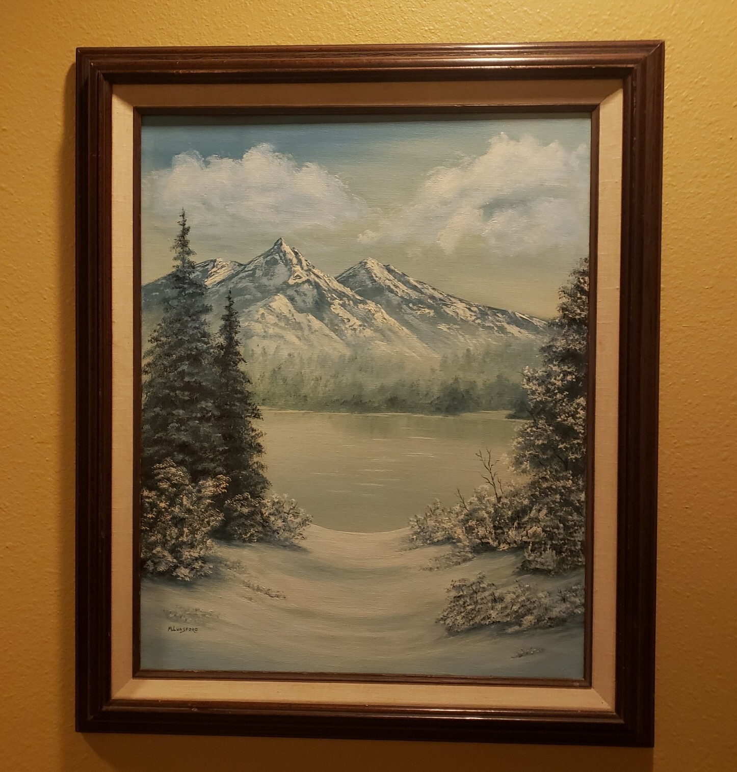 Original Oil Painting Canvas Mountains Lake Snow Winter Pines Signed M. Lunsford