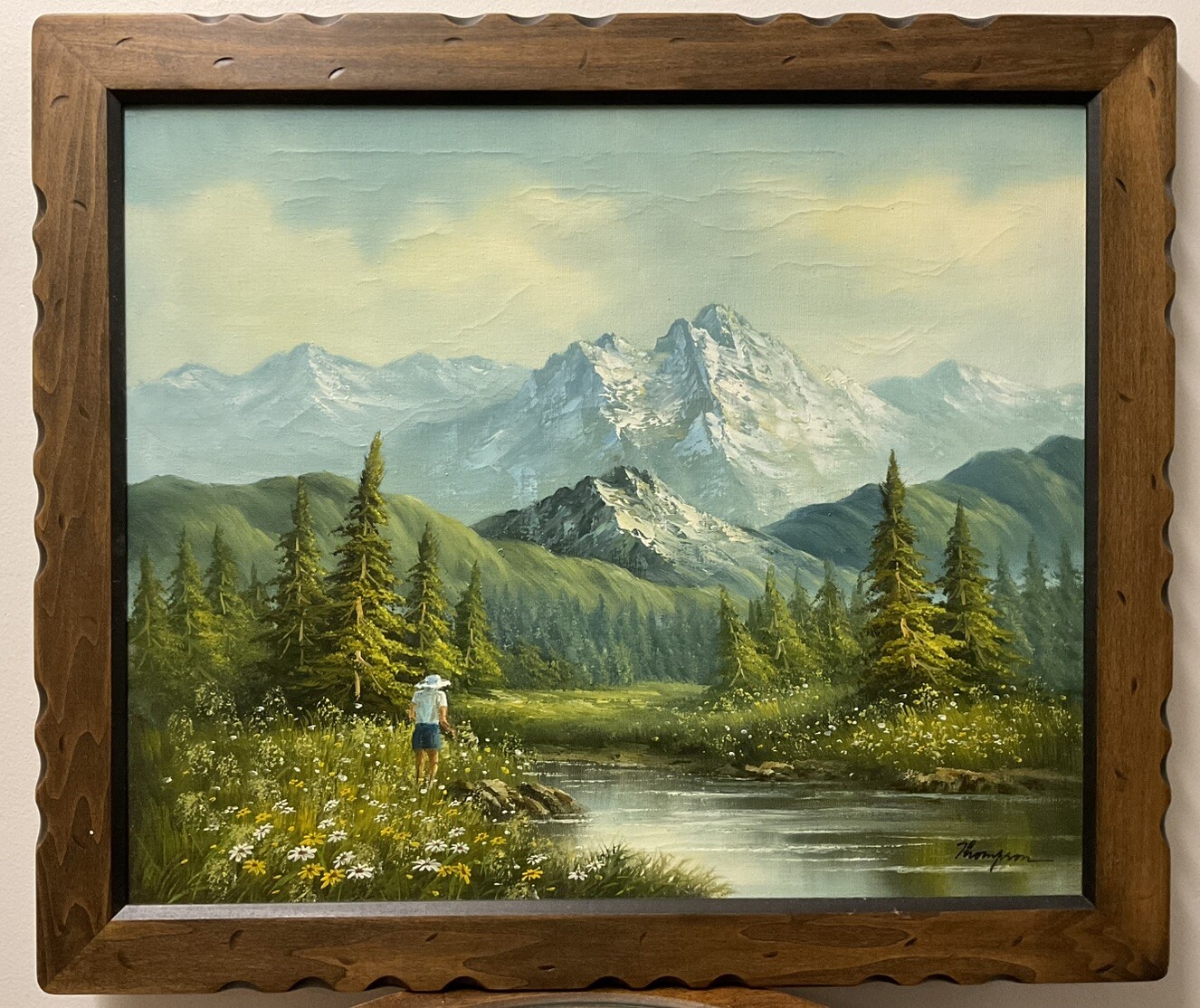 Vtg Beautiful Mountain Scape Oil On Canvas Artist Signed Thompson 24” x 27.5”