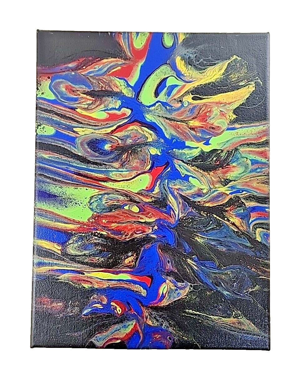 Acrylic Pour Painting Abstract Black Blue Yellow Red 9×12 Unframed OOAK Gift