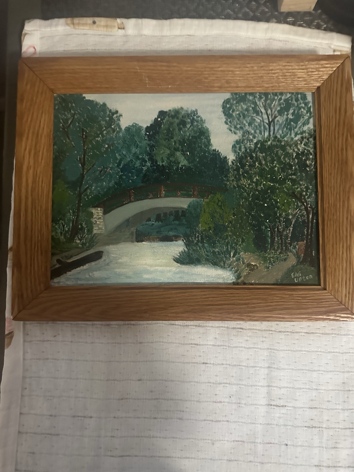 Eddi Upton Original Oil Painting Landscape with Bridge on Crescent Paintapanel