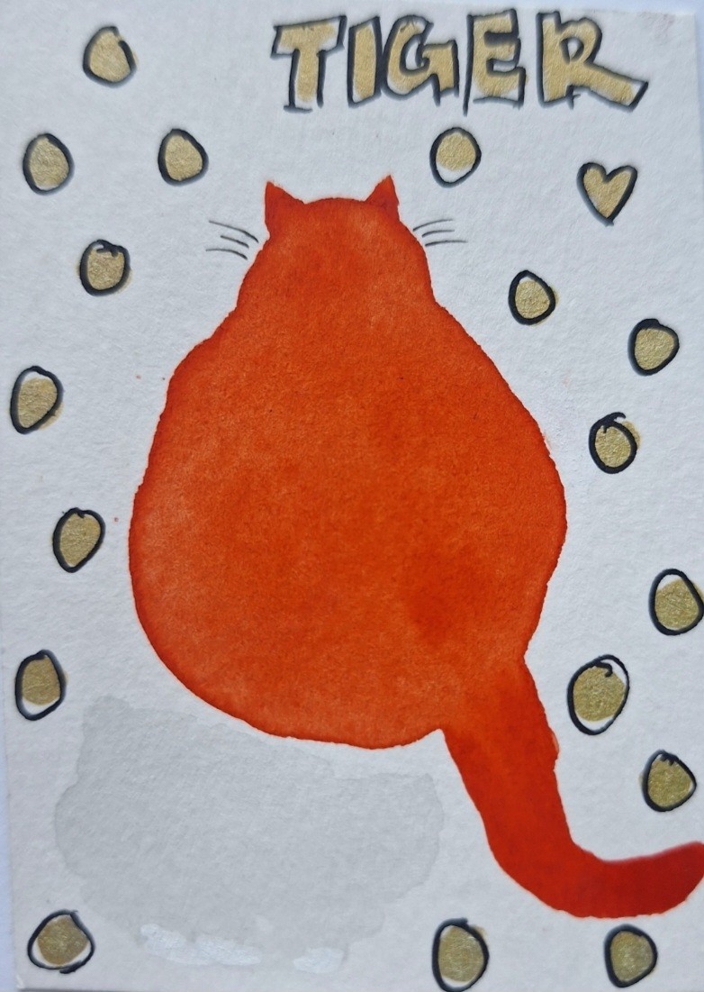 ACEO original watercolor kitty mini painting orange cat polka dot kimaya.art