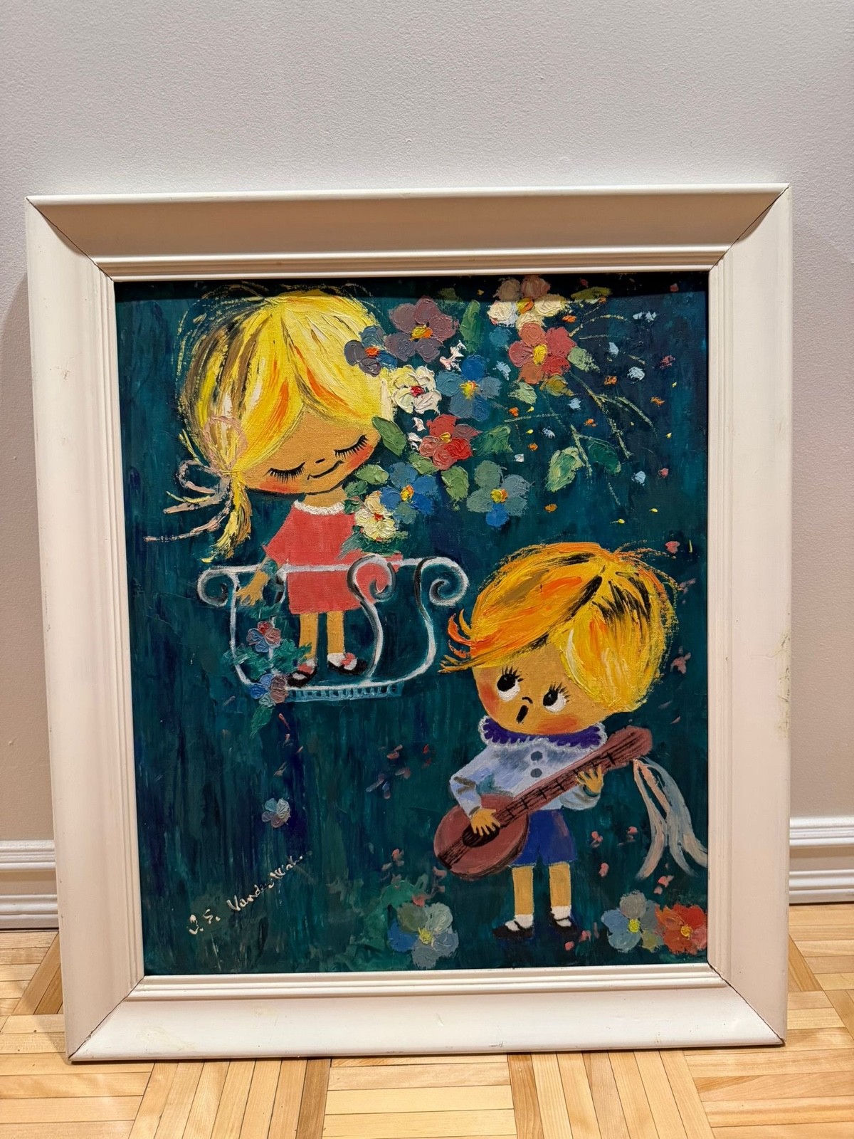 Vintage 1969 Romeo Juliette Painting Signed Vander Wall Naive Modern Art