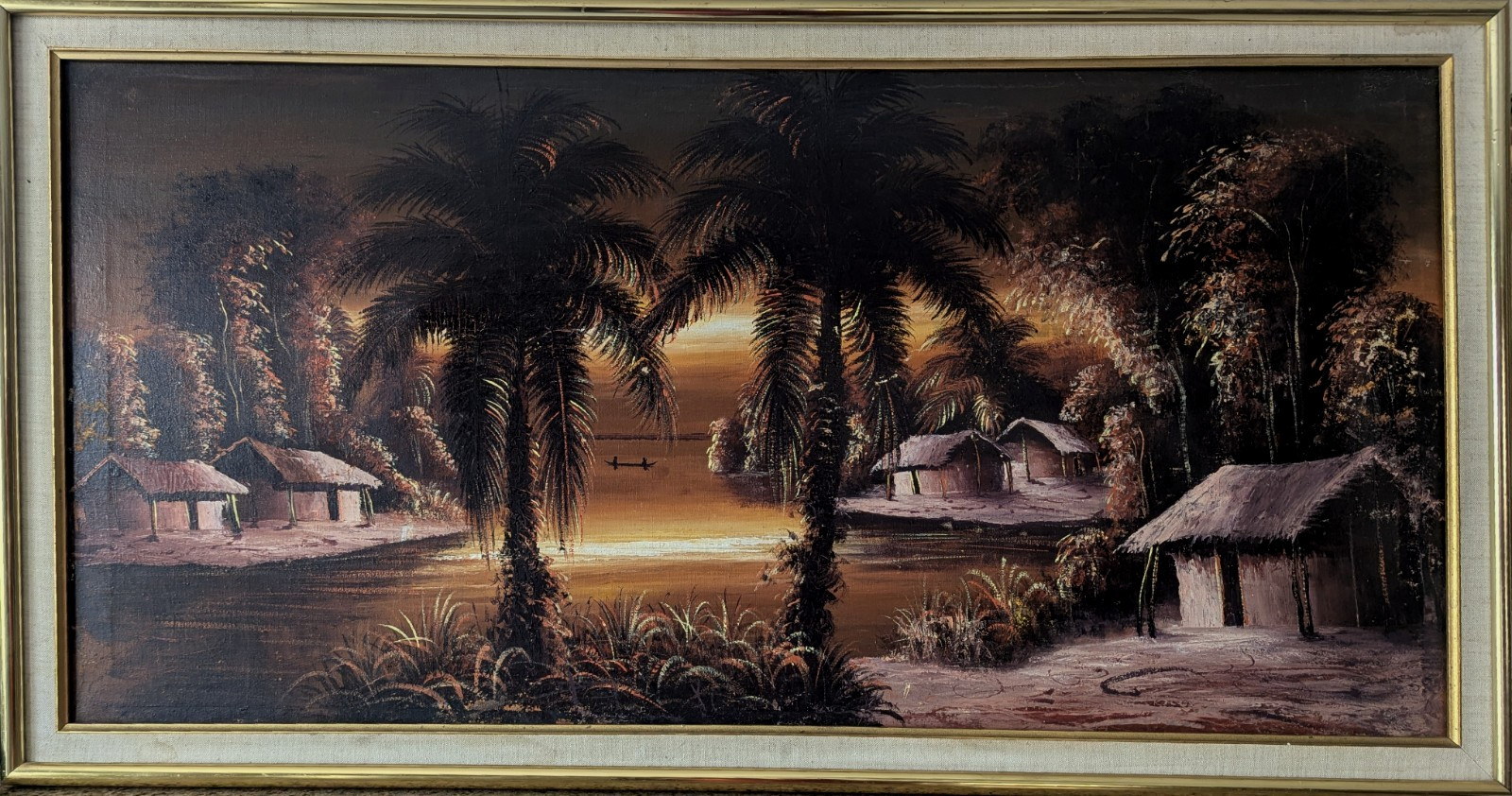Vintage African Zaire Congo Village Sunset Landscape Acrylic Painting 38×18