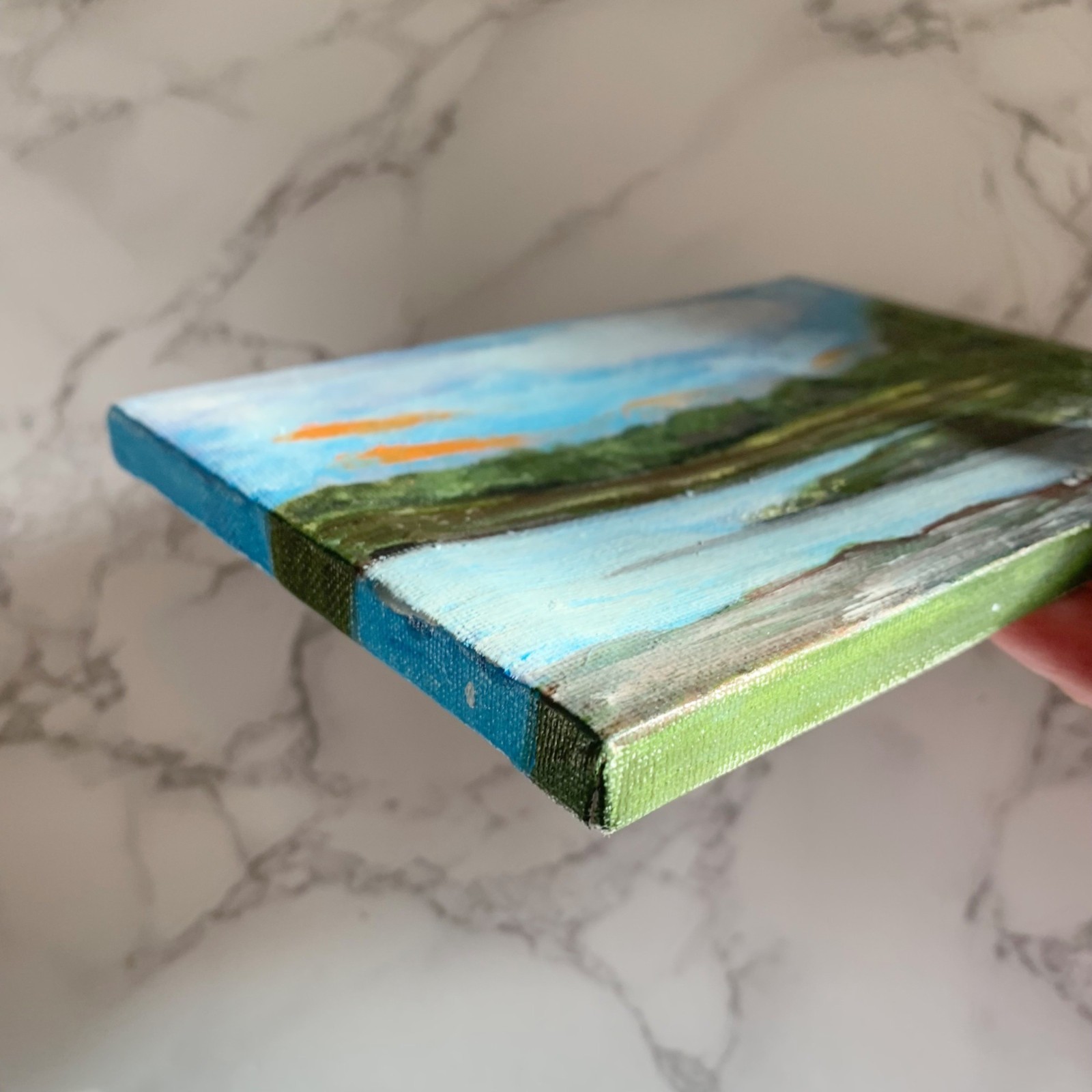 Hand Painted Landscape Painting Canvas Art Signed Dee Dee Blue Green 6.75 x 5