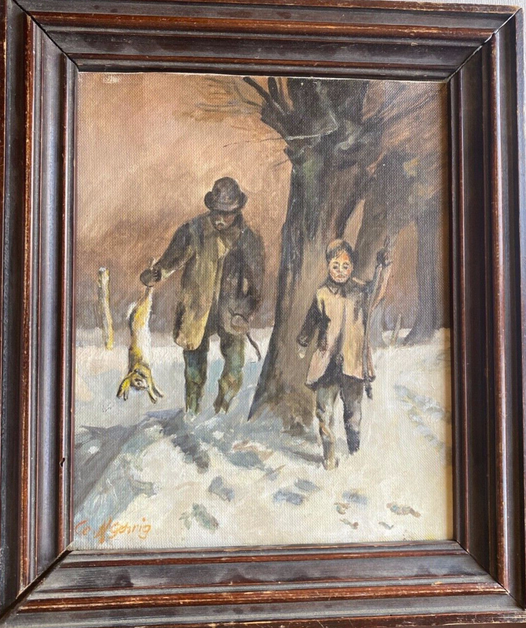 Oil Painting Sign. Co. Gehring Hunter In The Woods In Winter With Child And Hare