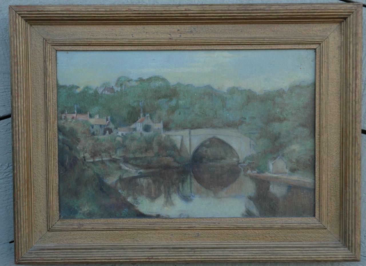 Beautiful Original Antique European Waterway Scene With Bridge – Unsigned
