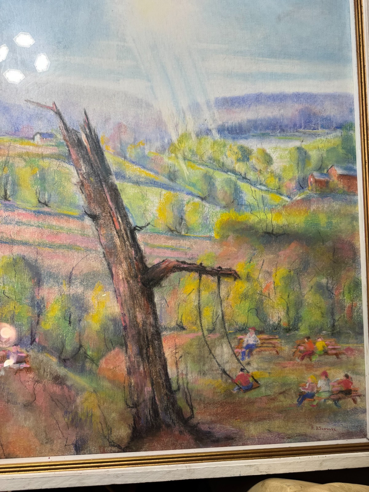 Huge Richard D. Schultz (1915 – 2007) «Children In Park» Pastel Painting -Framed