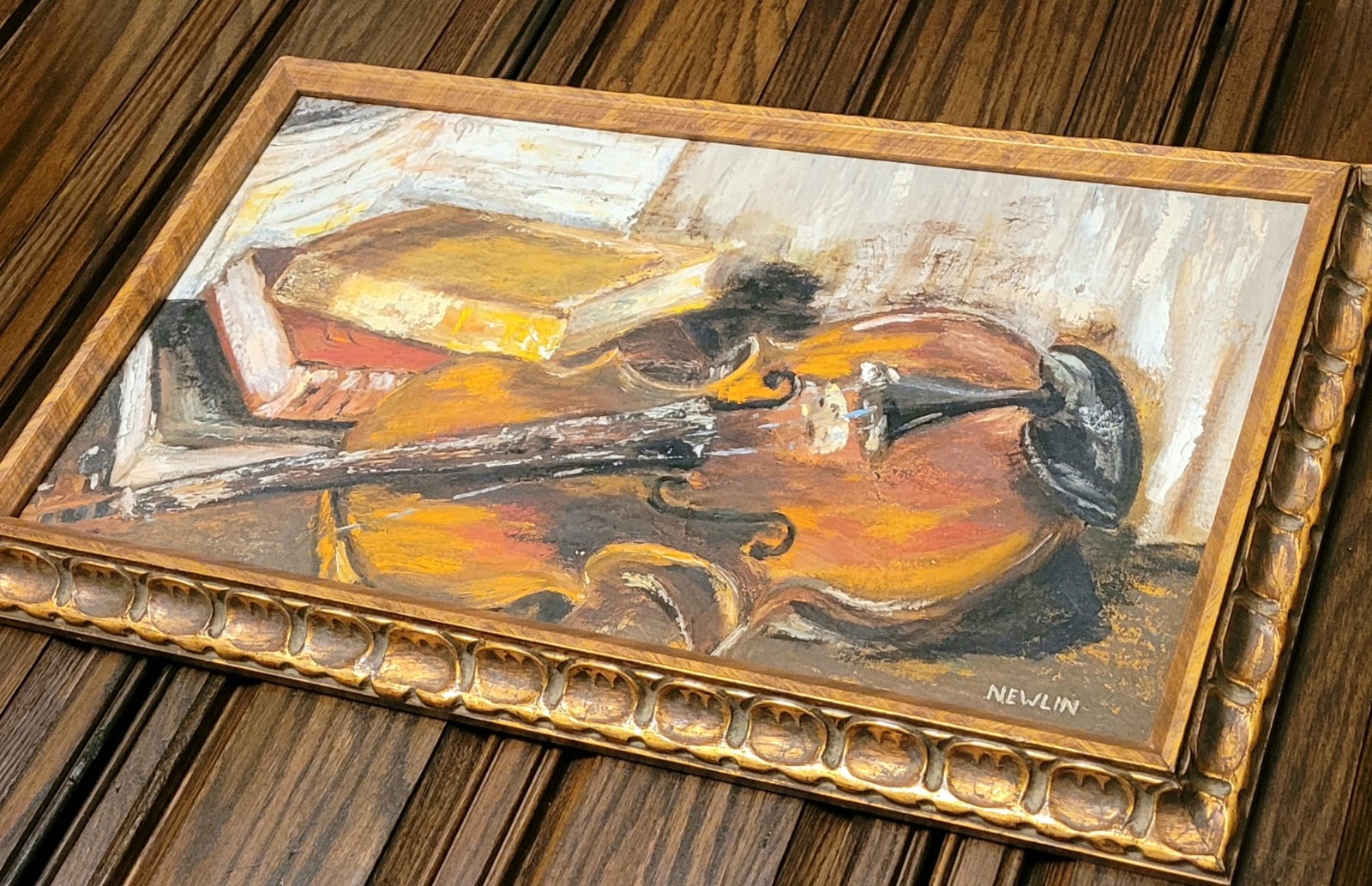 Original Signed Painting Violin Resting on Books, Scalloped Gilt Frame, Newlin
