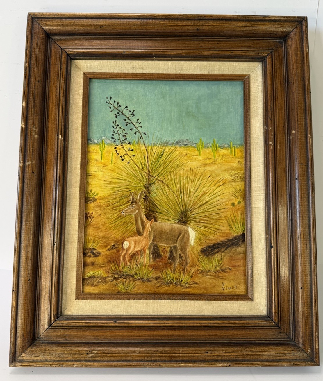 Vtg LF Miller Original Oil Painting Desert Mule Deer Yucca Saguaro