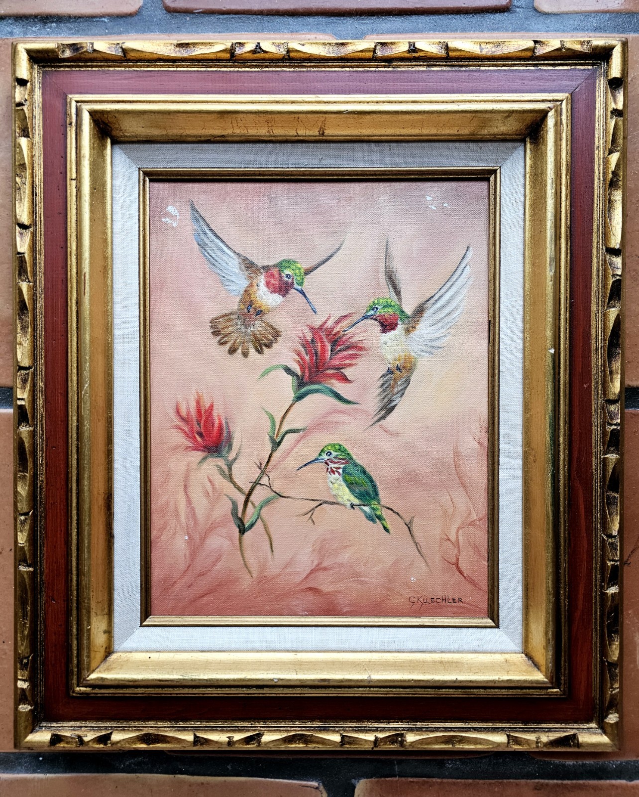 Mid Century Oil Painting HUMMINGBIRDS INDIAN PAINTBRUSH Flowers, MCM ART FRAMED