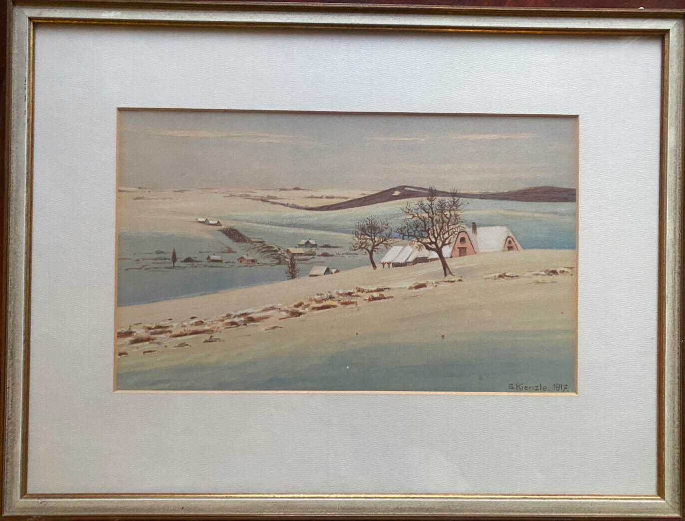 Watercolor Painting Signed G.Kinzle 1917 Snowscape on the Field with Houses