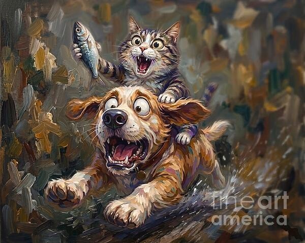 new handmade Painting on 14″*16″ canvas Cat Riding Dog Holding Fish by Wendy