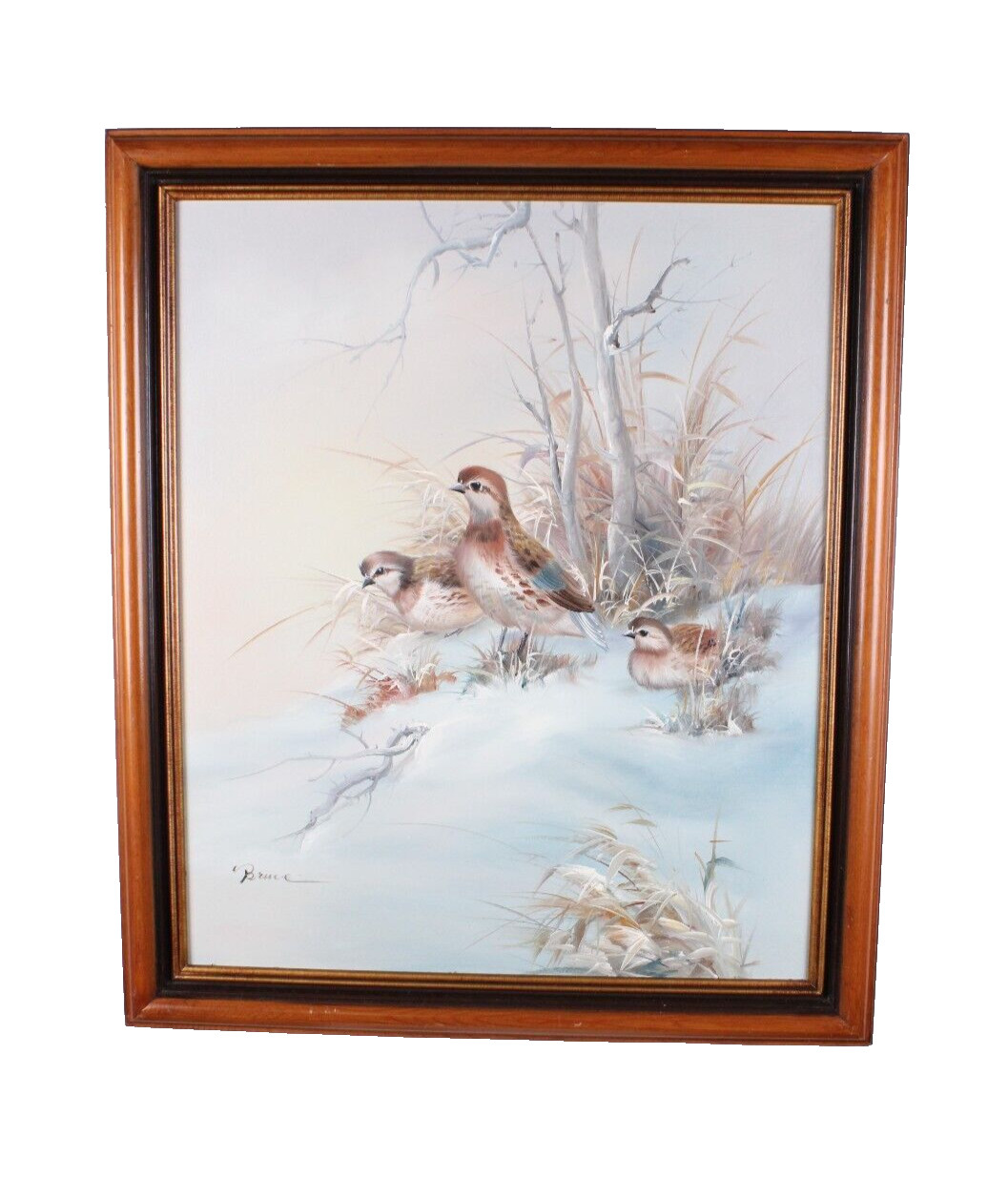 Vintage Winter Scene Snow And Birds Oil Painting On Canvas Signed Bruce