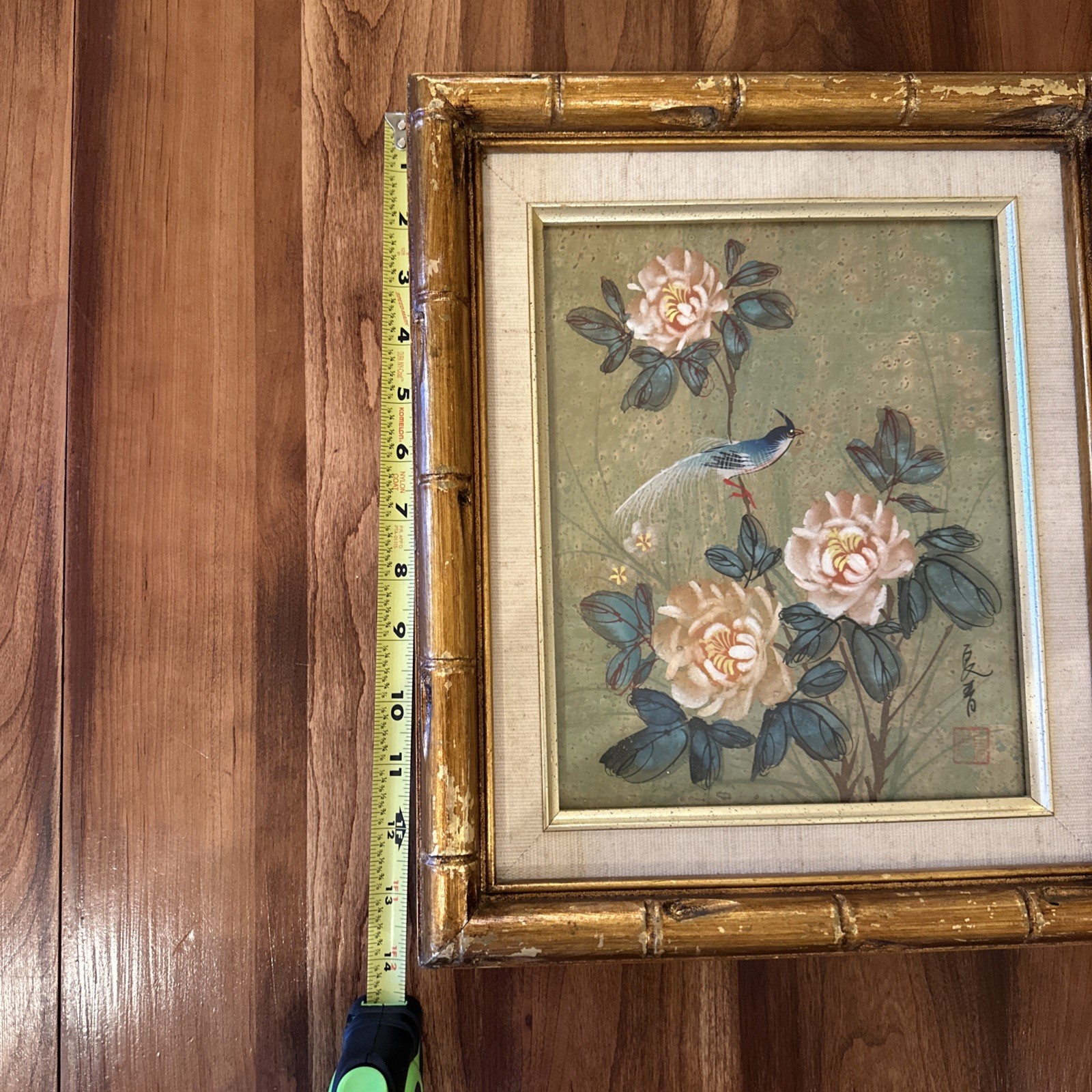 Watercolor Painting Asian Cork Paper Bird Flower Gold Bamboo Frame Signed 12×14