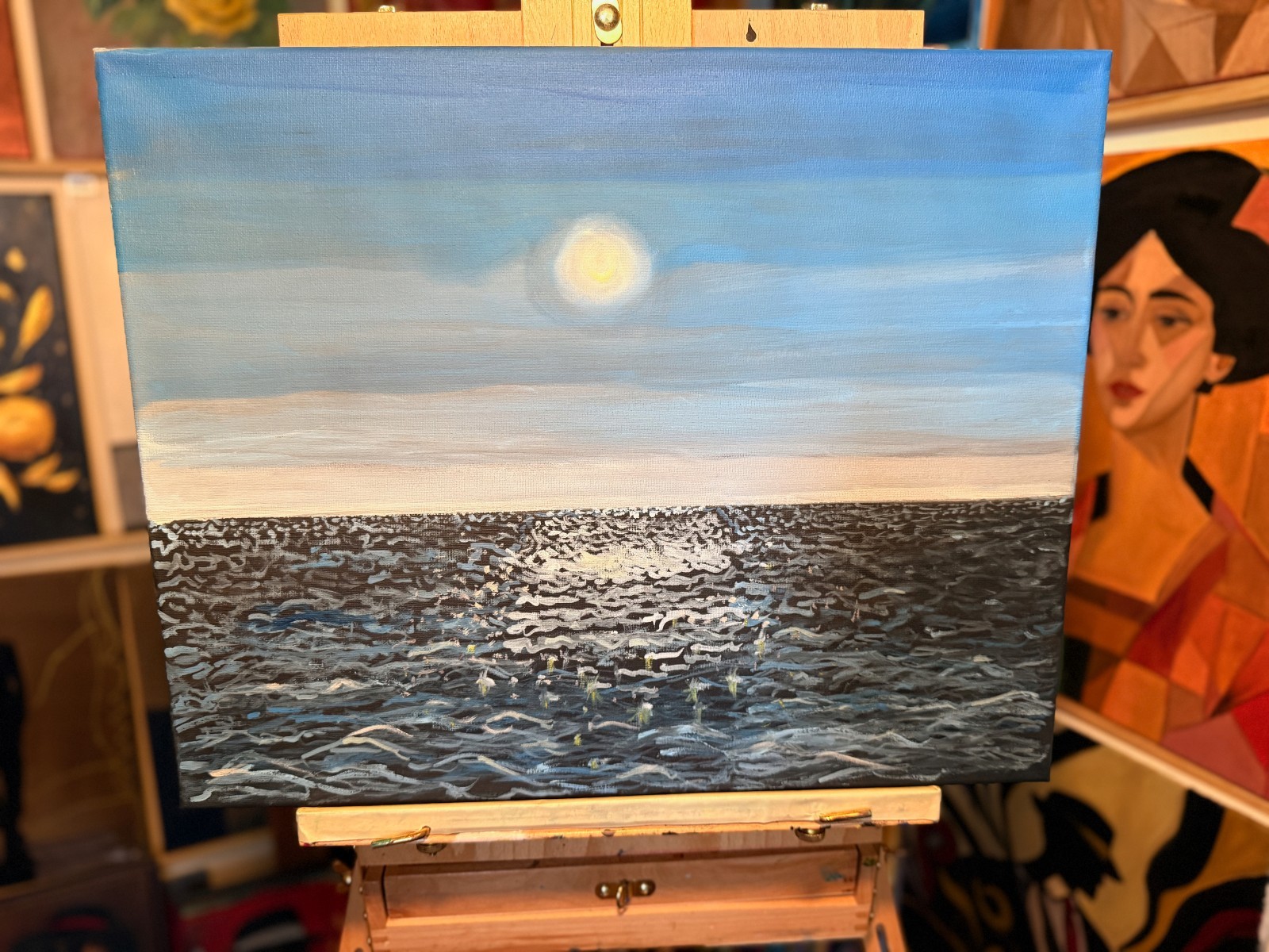 Original Oil Painting Seascape 16×20 – Ocean Horizon, Light Reflection, Contempo