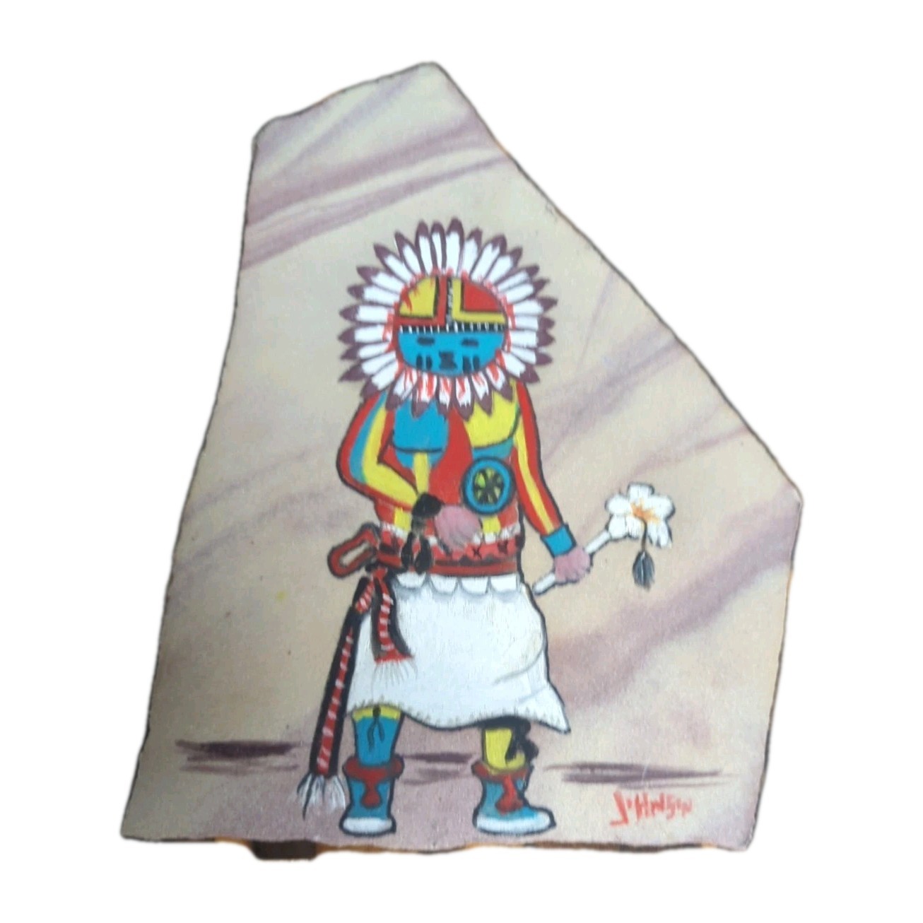 Hand Painted Sunface Kachina on Sandstone Native American Style Tawa Art Signed