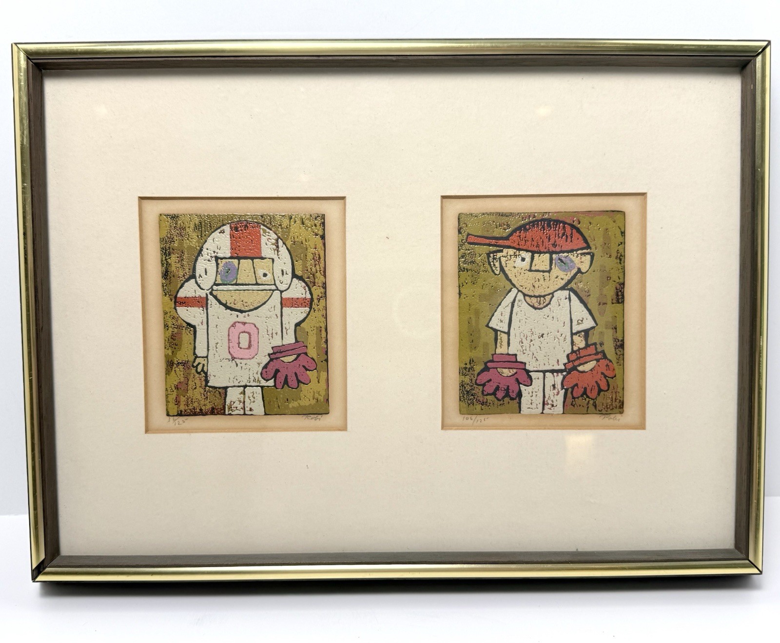 Al Robi Linocut Baseball Football Modernist Art MCM Signed Numbered Framed Set 2